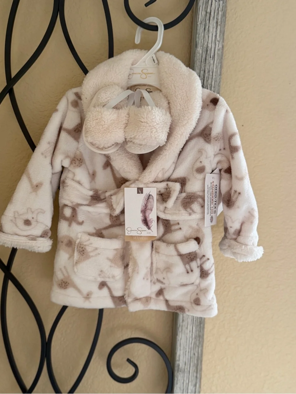 Jessica Simpson Cream Plush Infant Robe & Slippers and Brown Animal Print